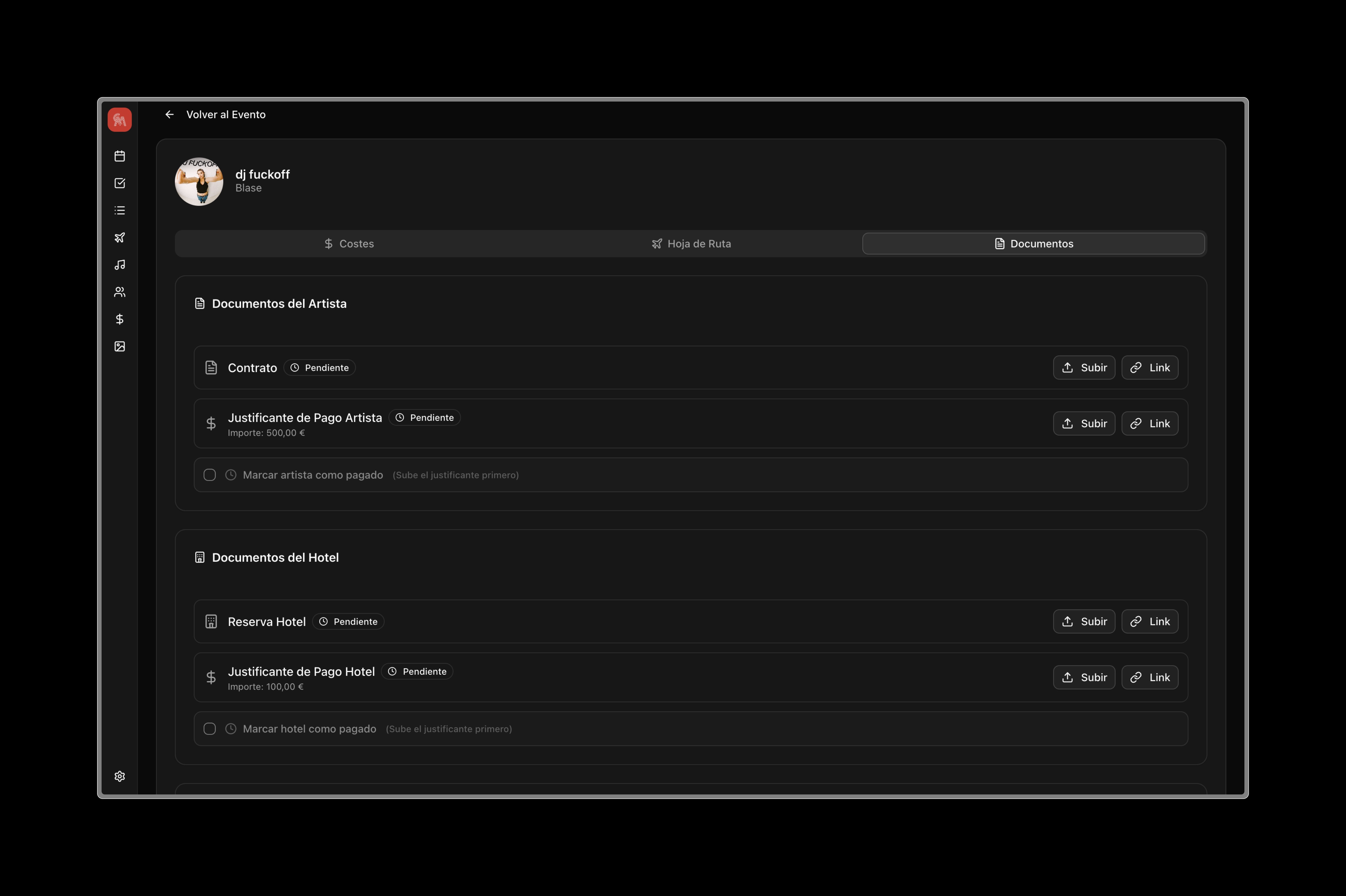 Document management per artist showing contract status, payment receipts, and hotel booking