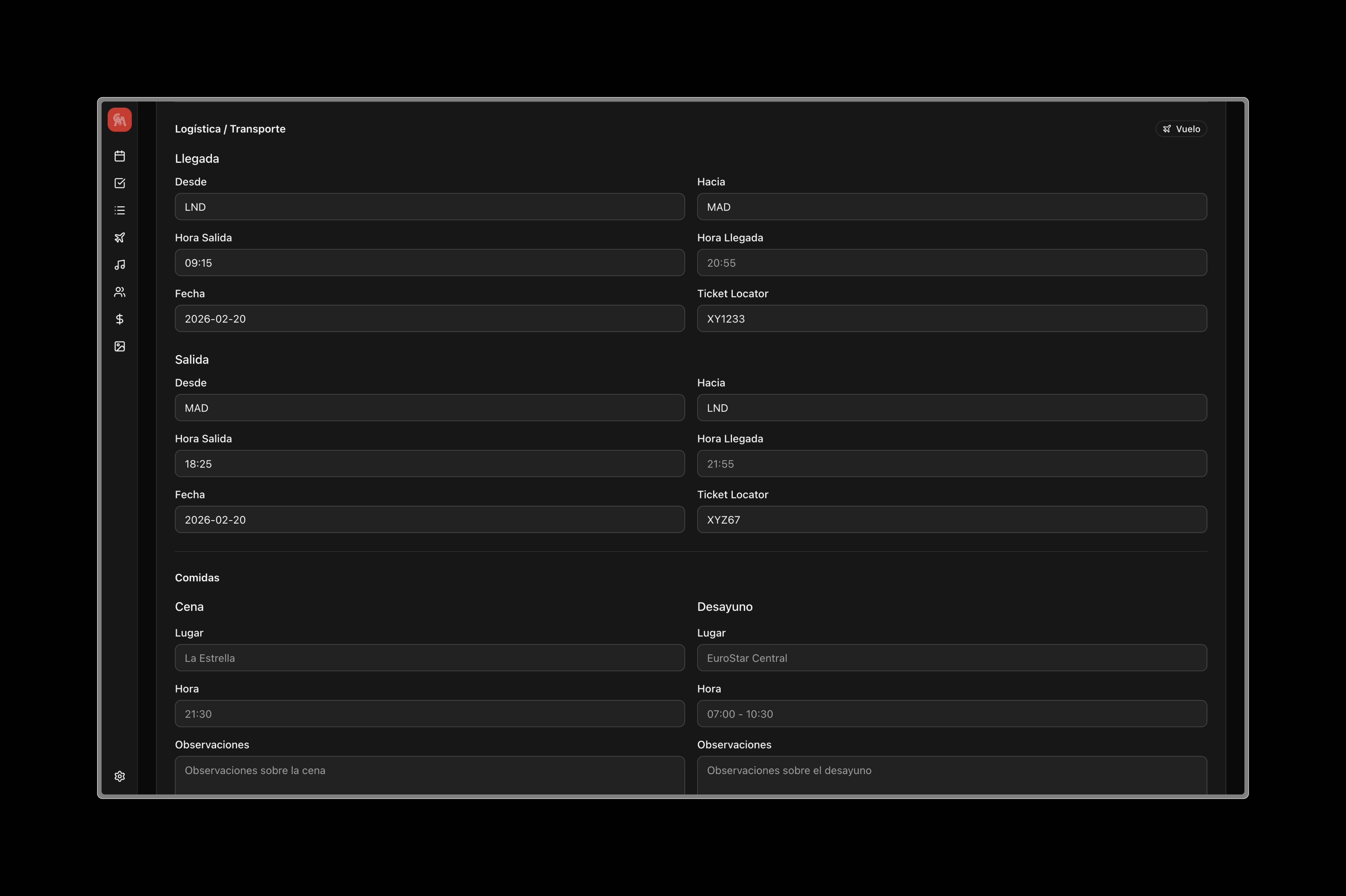 Artist route sheet with flight details, transport, accommodation and meal logistics