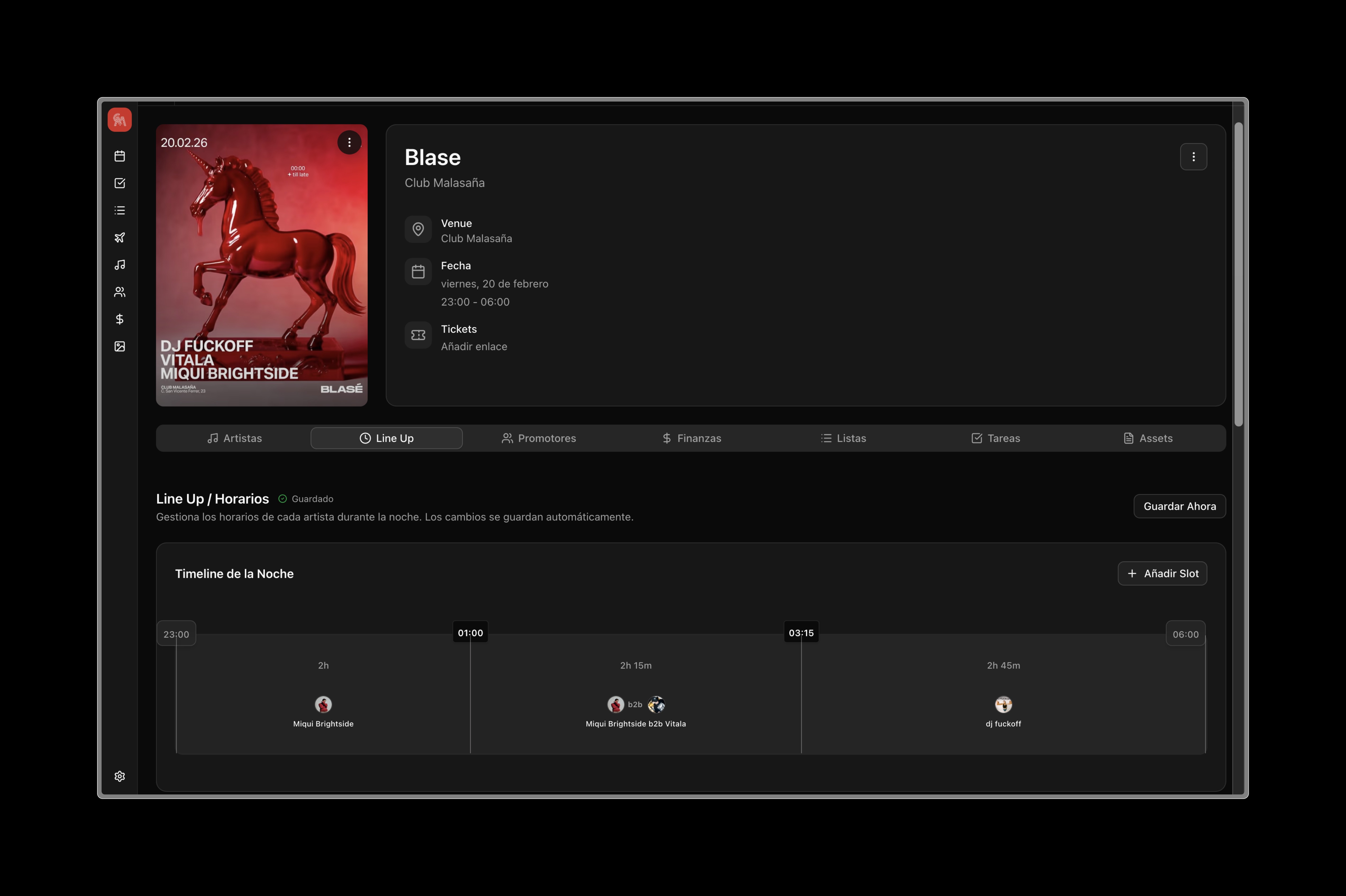 Pumcha event view showing the night timeline with artist slots, venue info, and event poster