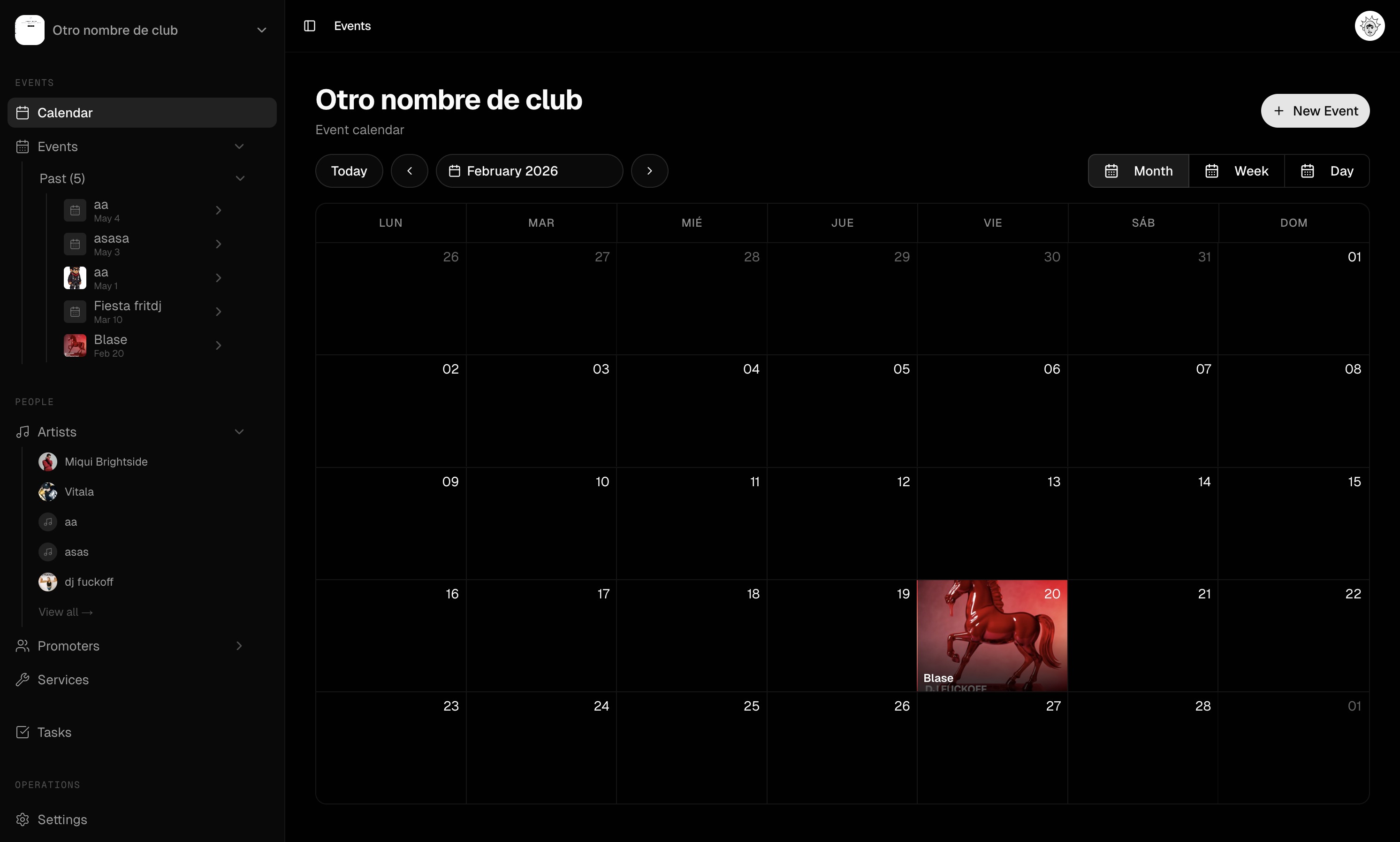 Pumcha calendar view showing a club's whole season of events on a shared month grid