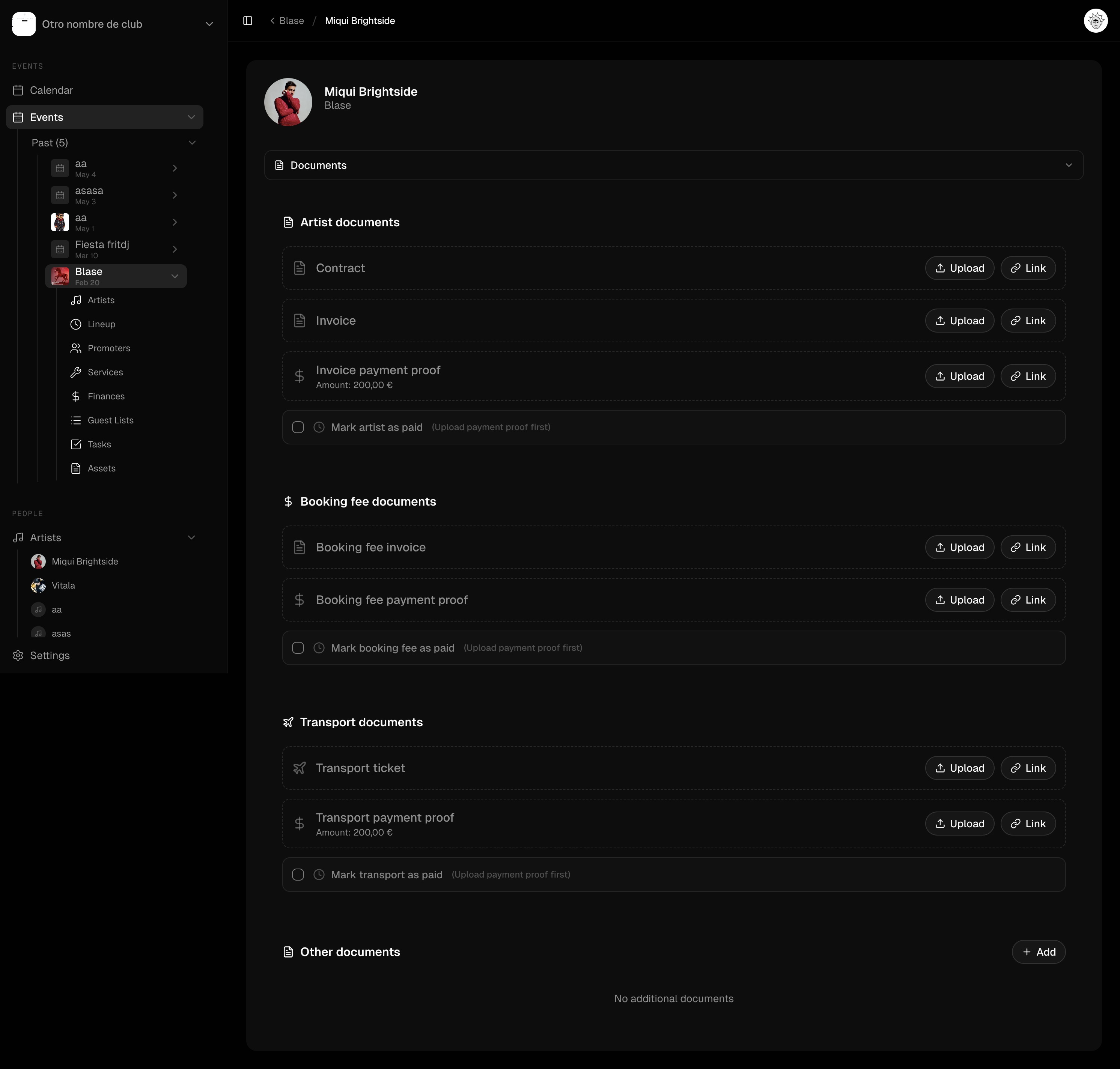 Pumcha artist documents view with contract, invoice, payment proof and transport sections and upload controls