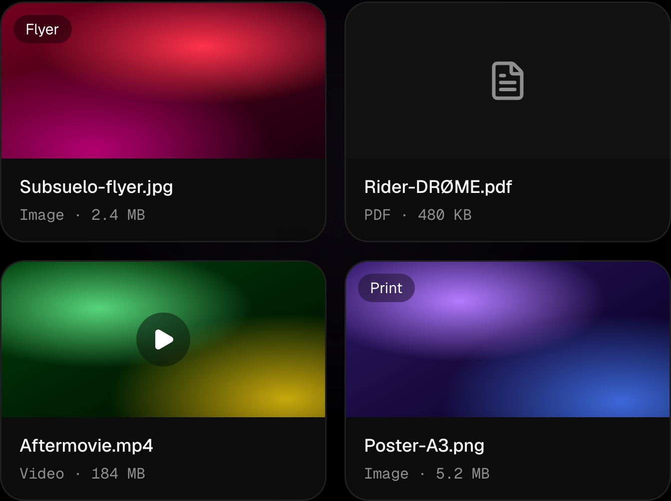 Flyer, rider, aftermovie and poster as tiles