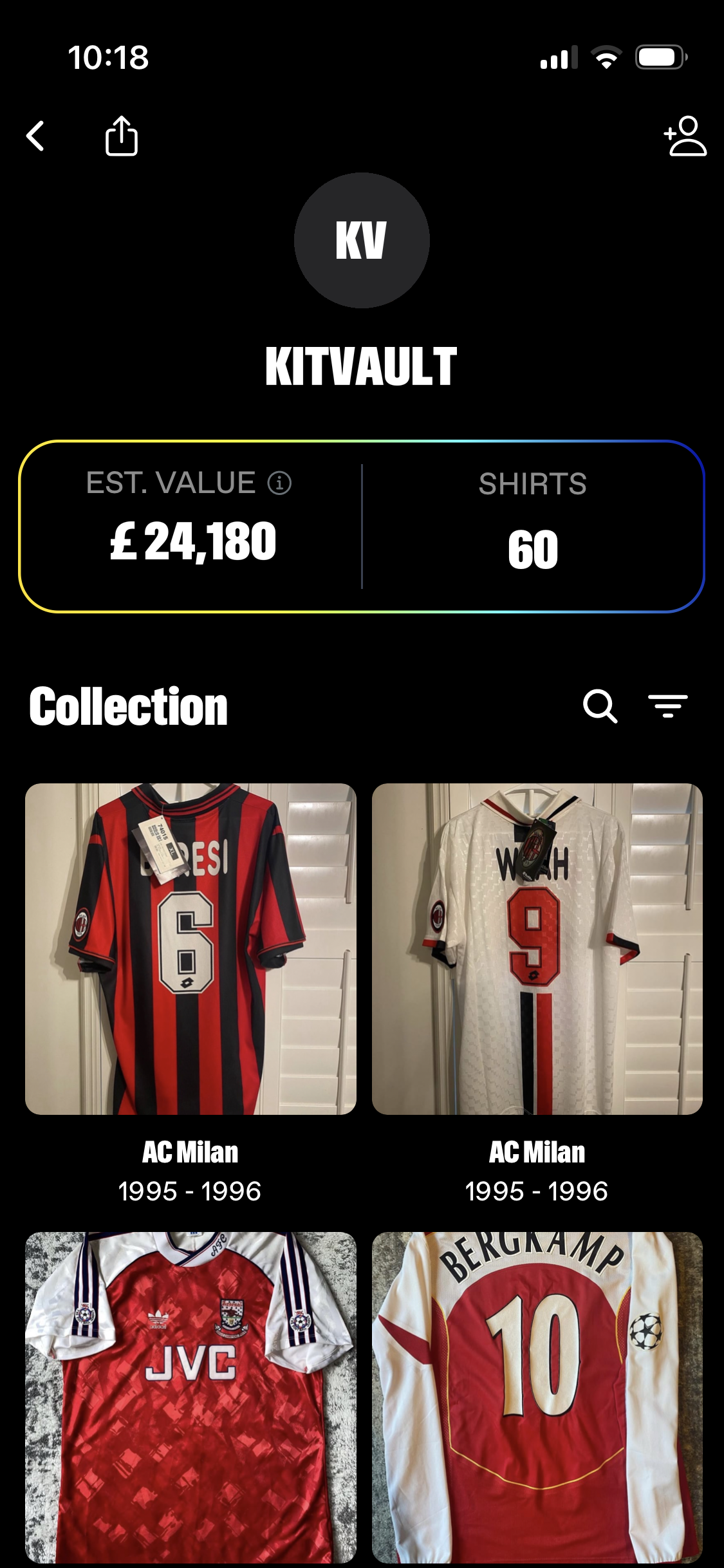 The profile in the shipped app: an avatar, a handle, one card with estimated value and shirt count, then the collection as an unbroken grid.