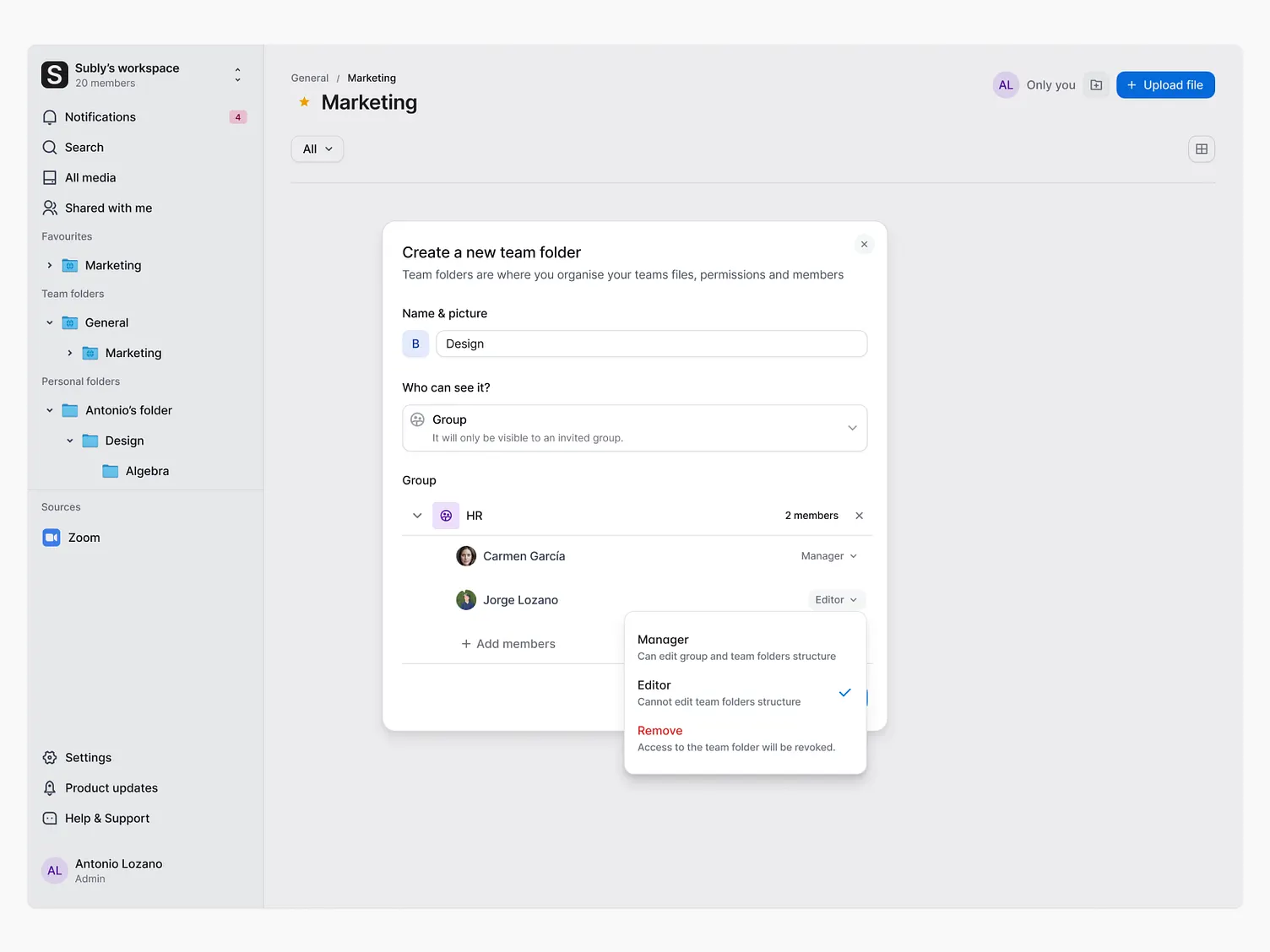 Roles carry their consequence in the menu, so nobody has to read a permissions table.