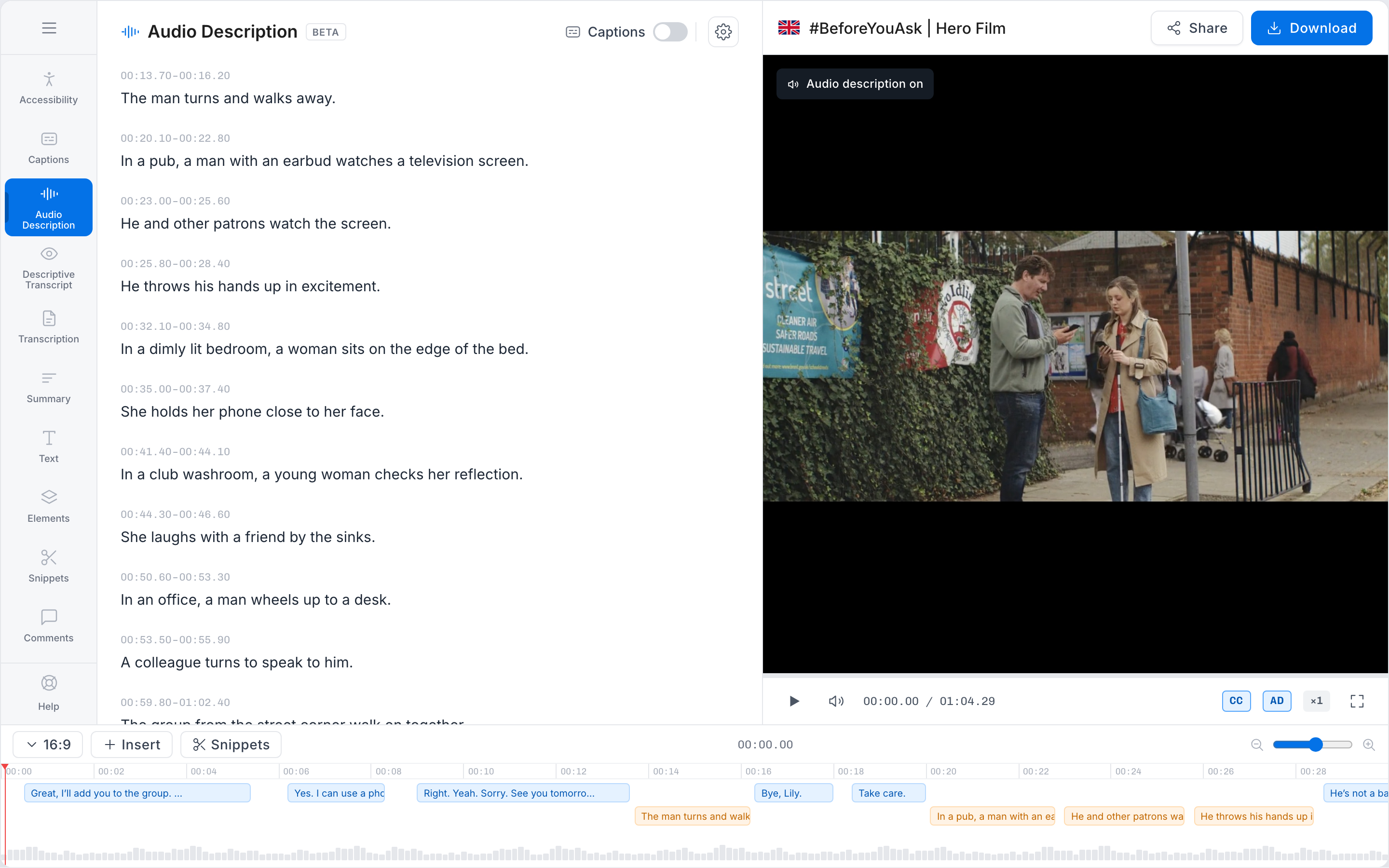 Descriptions in order beside the video. Turn captions on and the dialogue appears in the gaps each description was written into.