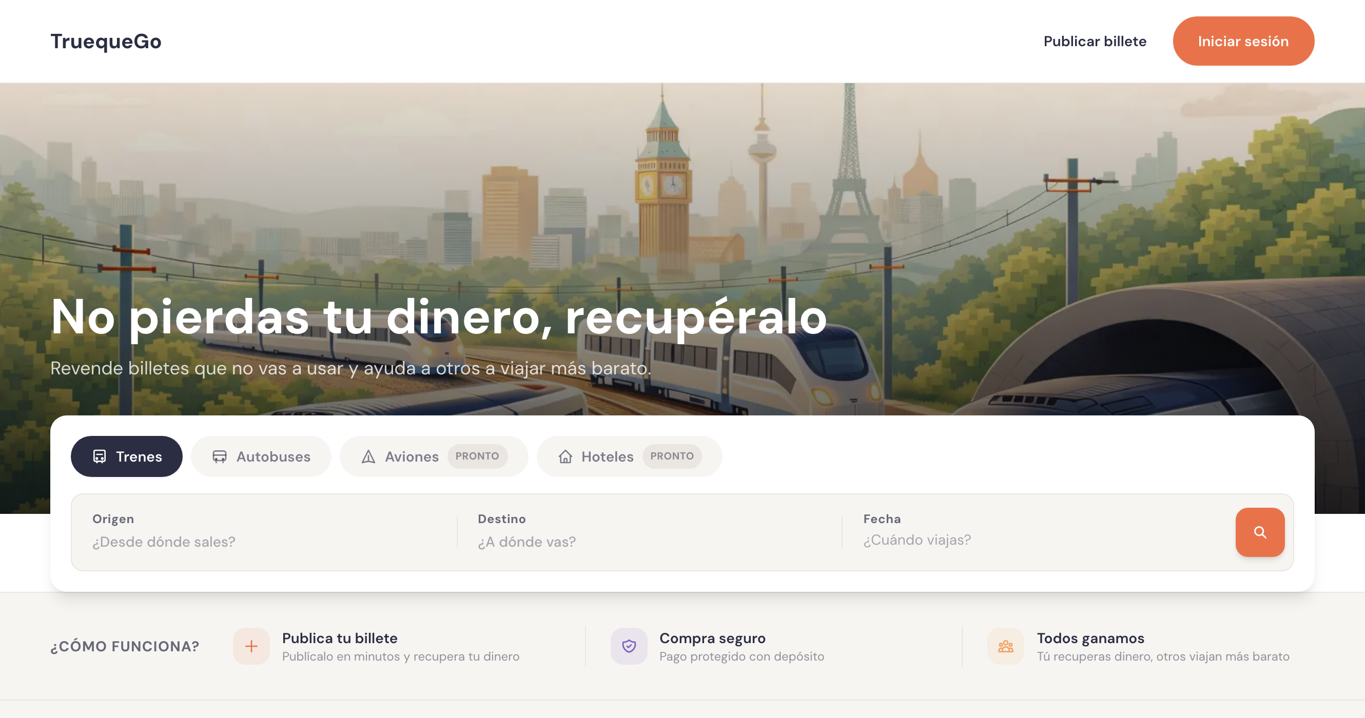 TruequeGo home page and ticket search