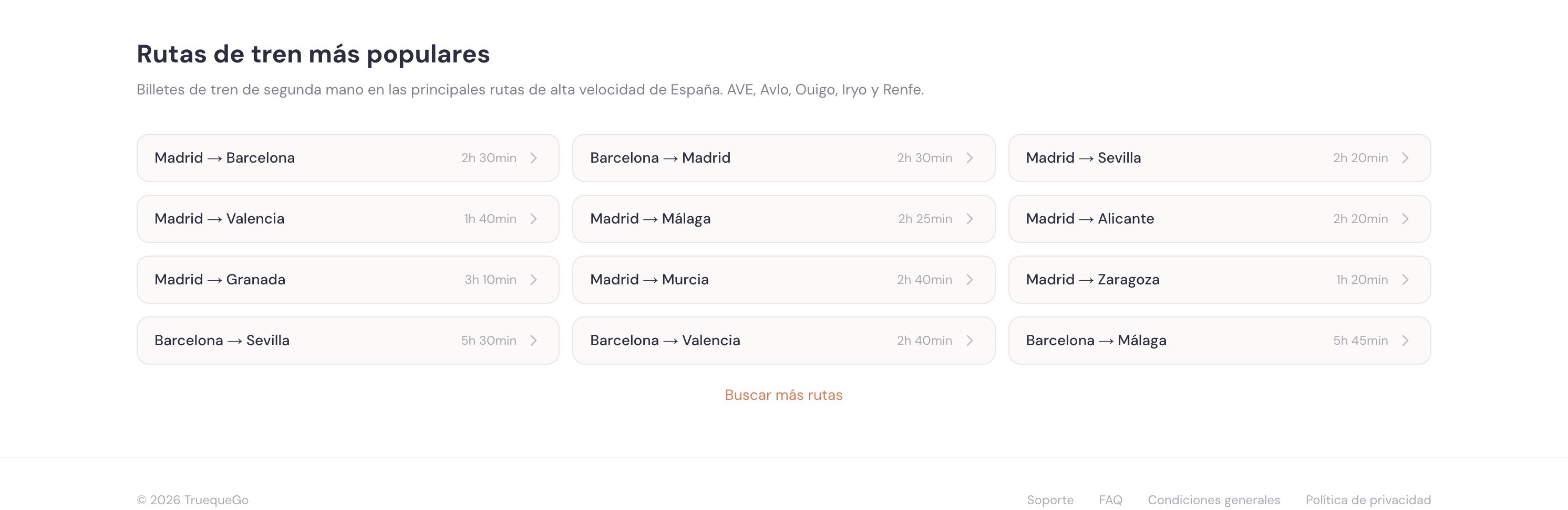 TruequeGo popular routes grid covering Madrid, Barcelona, Valencia, Sevilla, Málaga and more across Spain's high-speed network