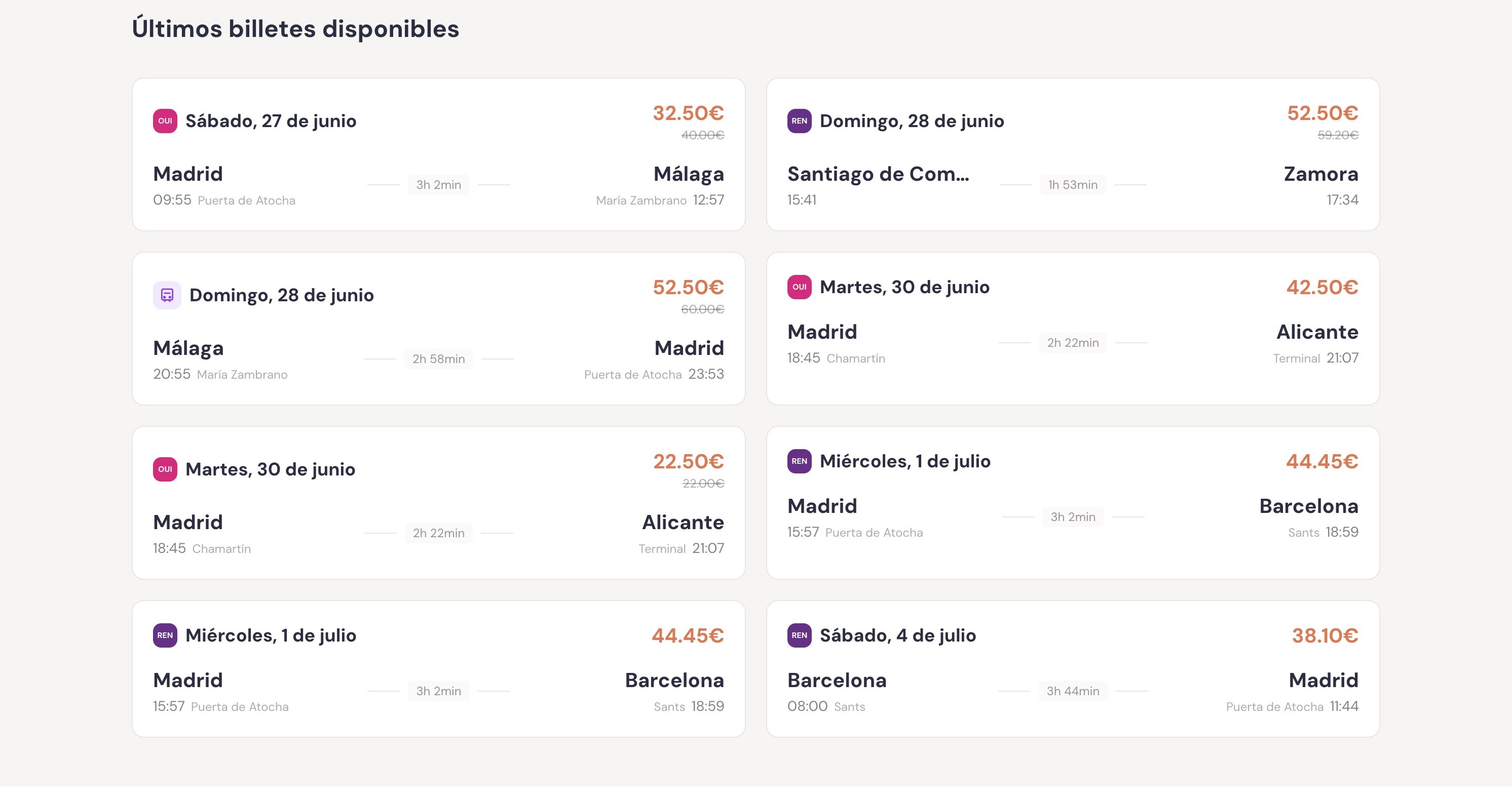 TruequeGo listings showing second-hand train tickets across Spanish routes with prices and discounts versus the original fare