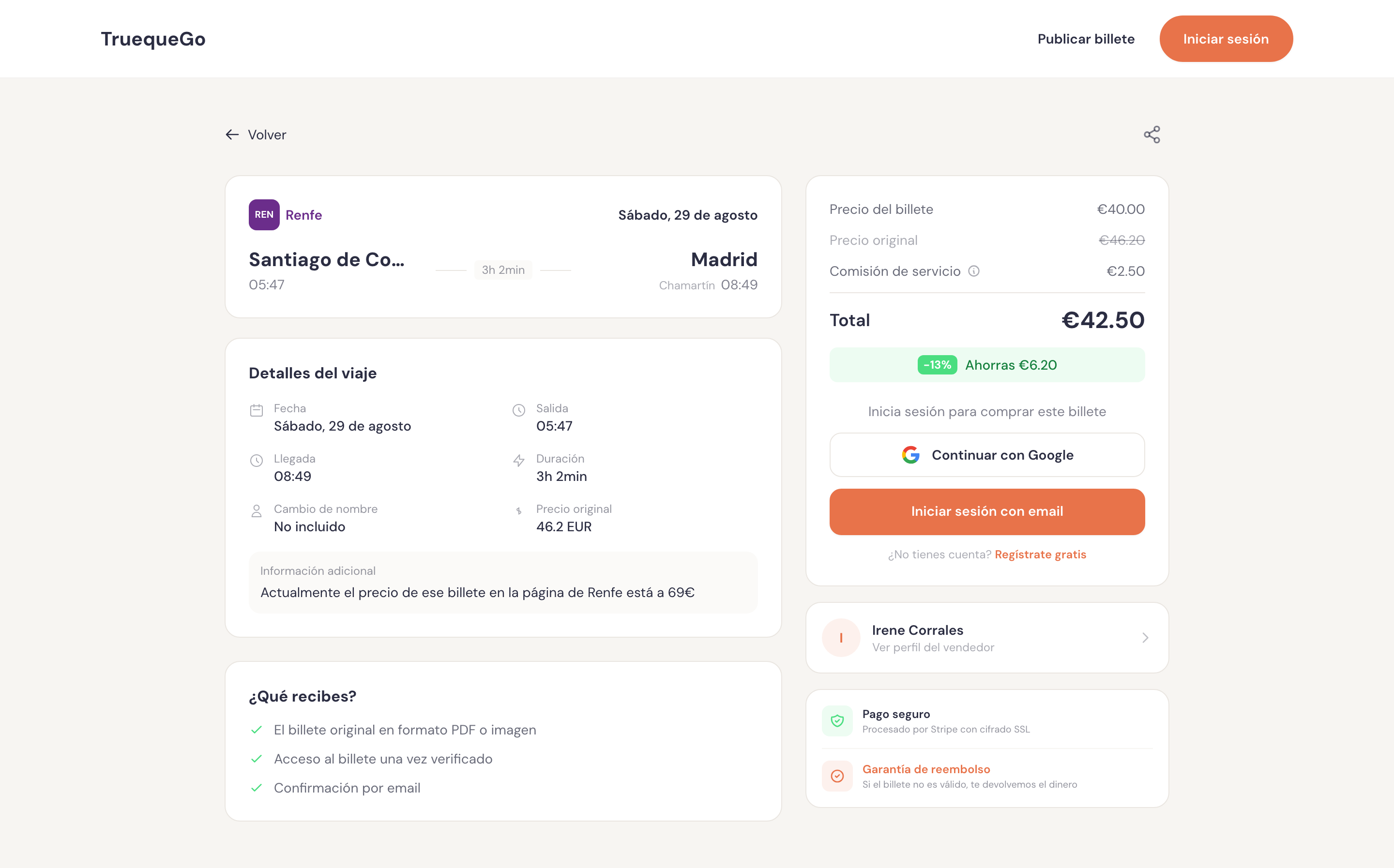 TruequeGo ticket page for a Renfe service from Santiago de Compostela to Madrid, with journey details on the left and a price breakdown, seller and guarantees on the right
