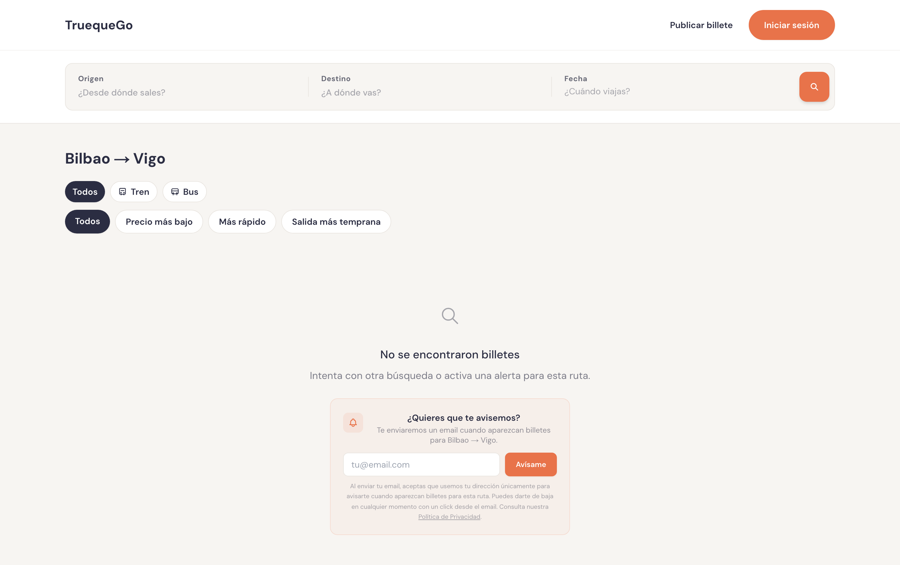 TruequeGo search for Bilbao to Vigo with no results, showing an alert sign-up box asking for an email to notify when tickets appear on that route
