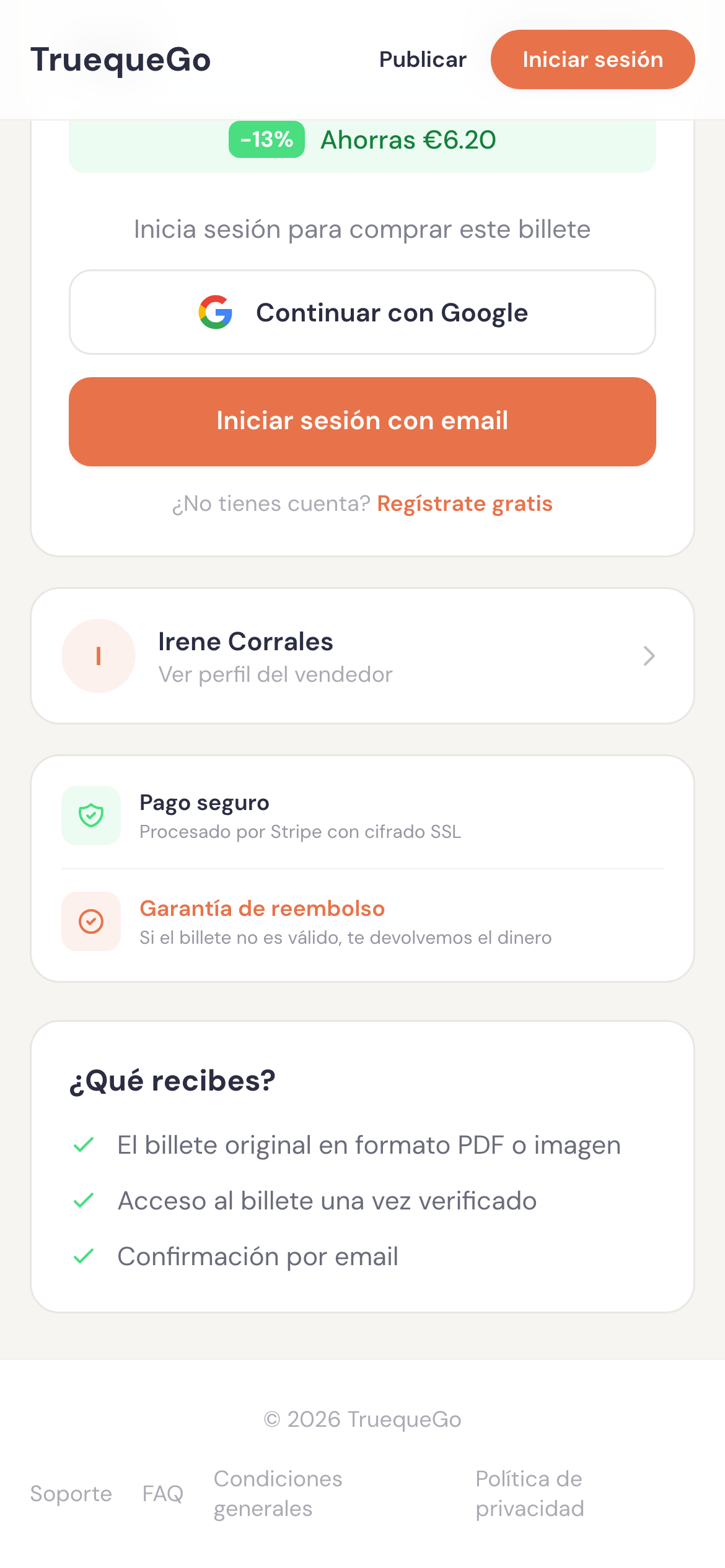 TruequeGo ticket page on a phone scrolled to the price breakdown, sign-in buttons, seller and guarantees