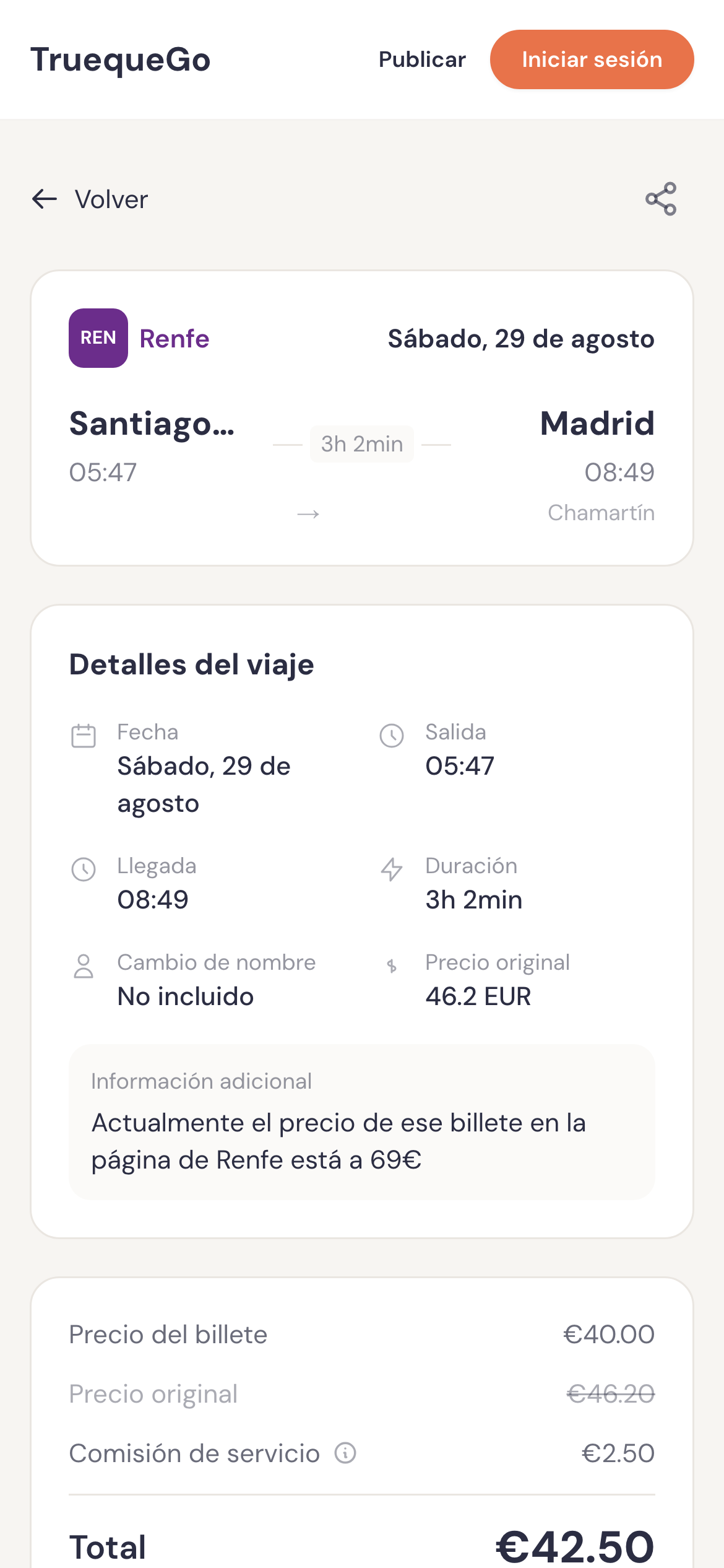 TruequeGo ticket page on a phone, showing the journey and the trip details