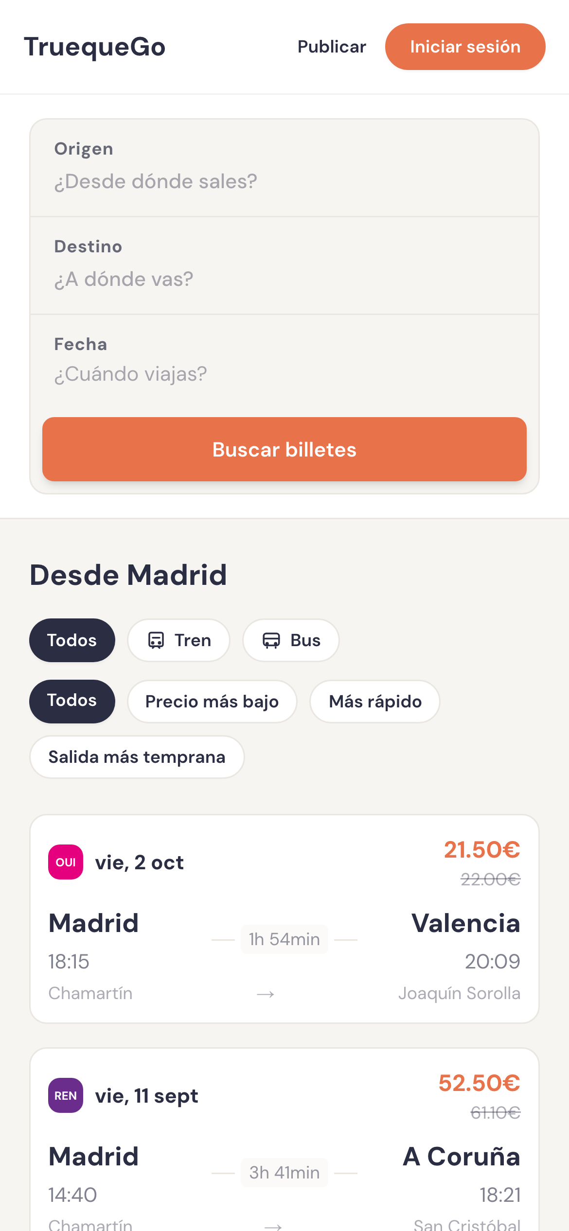 TruequeGo search results on a phone