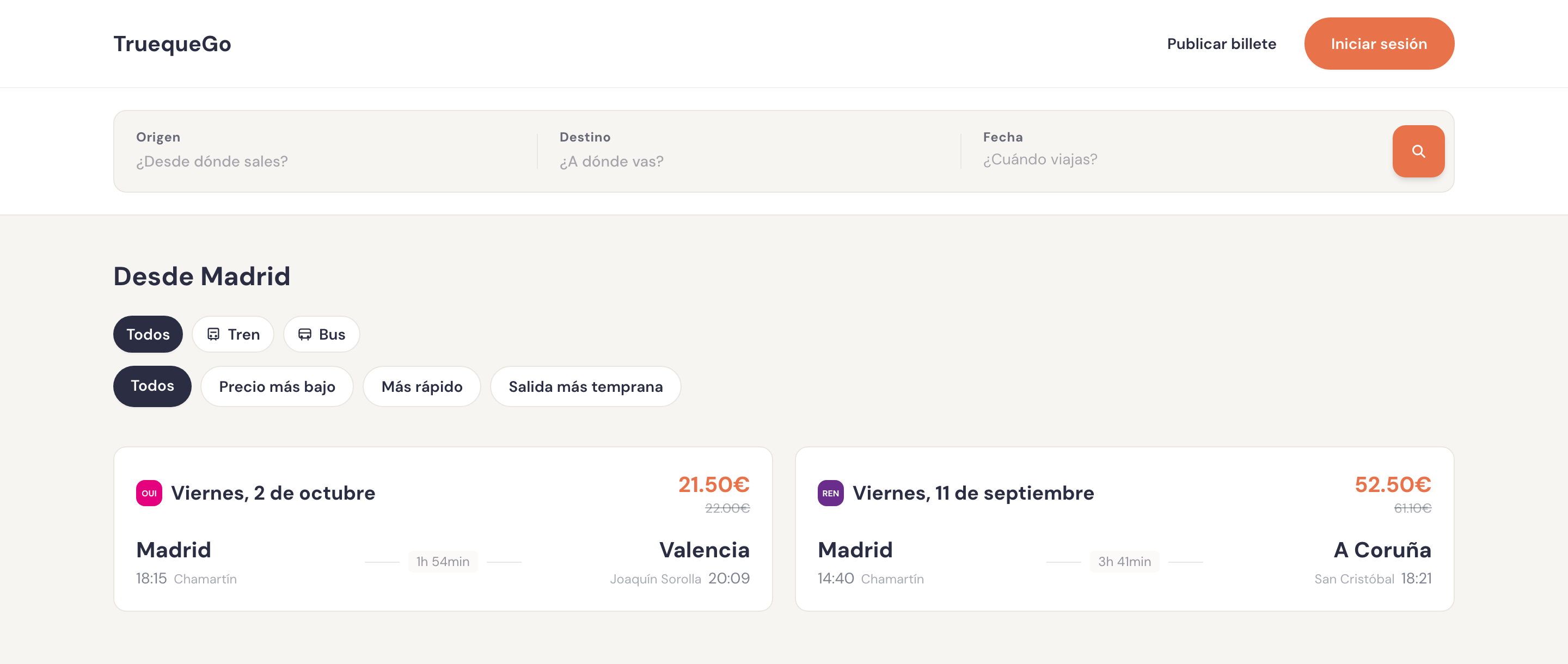 TruequeGo search results for departures from Madrid, with transport and sort filters and two ticket cards showing asking price above the struck-through original fare