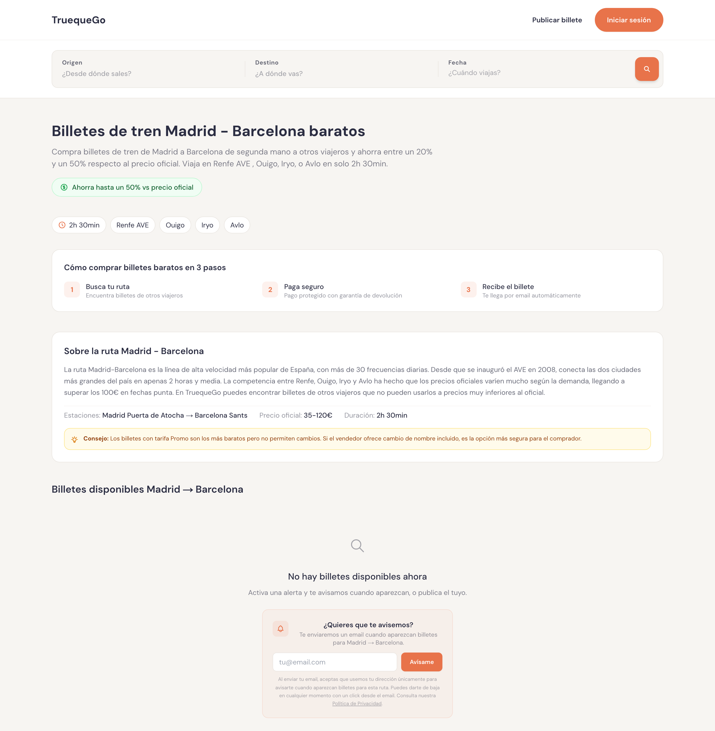 The Madrid to Barcelona route page: heading, saving badge, operator tags, a three-step explainer, a written section with the official price range, an empty ticket list with an alert box, five FAQ rows, and links to other routes