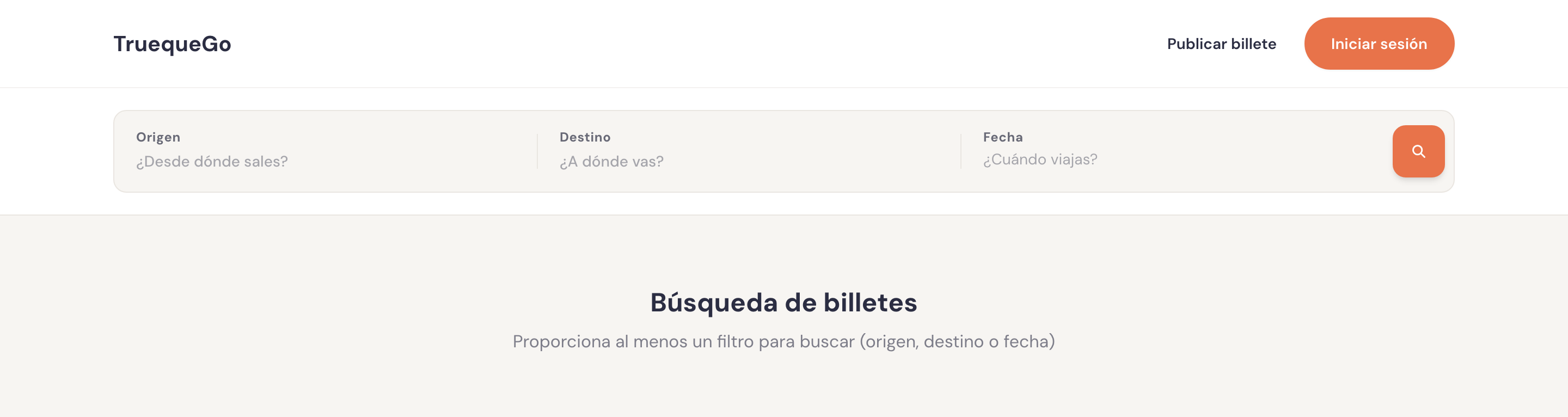 TruequeGo search page with an empty search bar, stating that at least one filter is needed: origin, destination or date