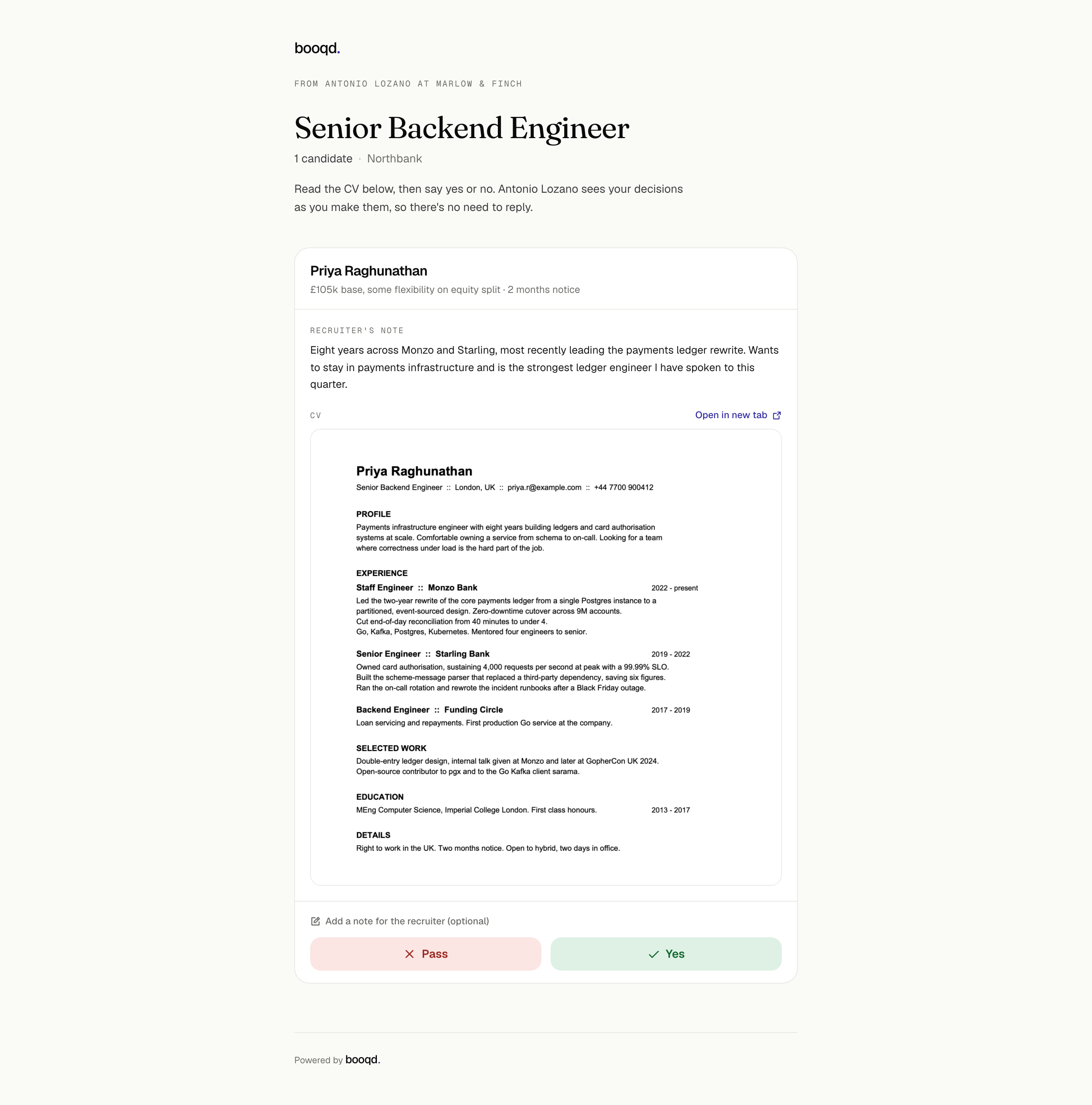 The client review page: one candidate, the CV rendered in the page, and Pass or Yes.